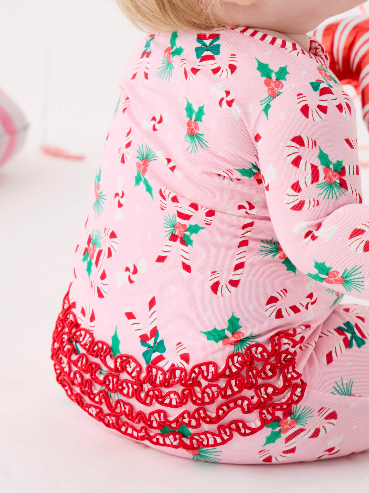 SoftSnooze™ Baby Girls Cotton Modal Holly Candy Canes Christmas Footed Ruffle One Piece Pajama