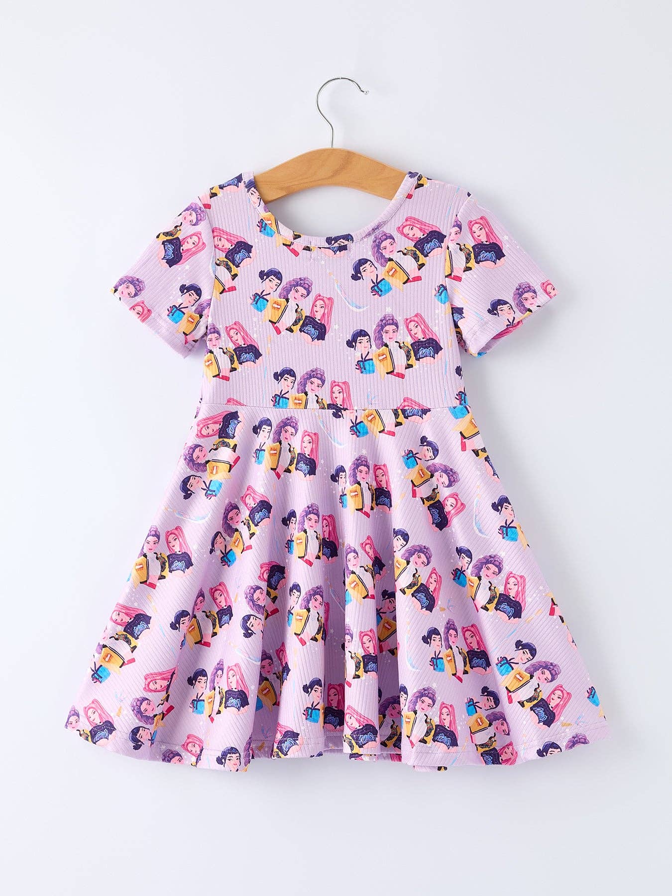 Girls Purple Print Short Sleeve Twirl Dress
