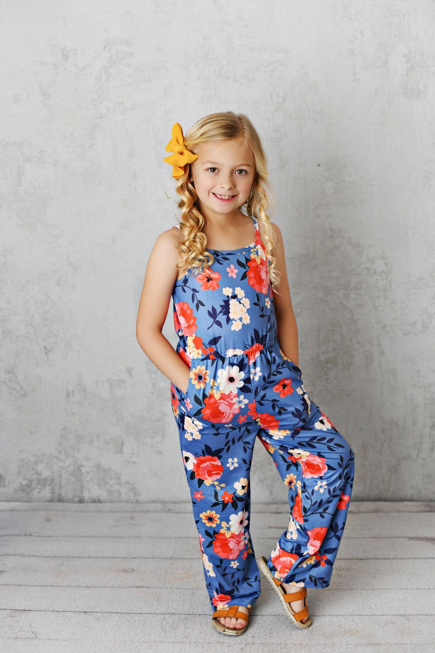 Blue & Coral Floral Spring Summer Jumpsuit With Pockets