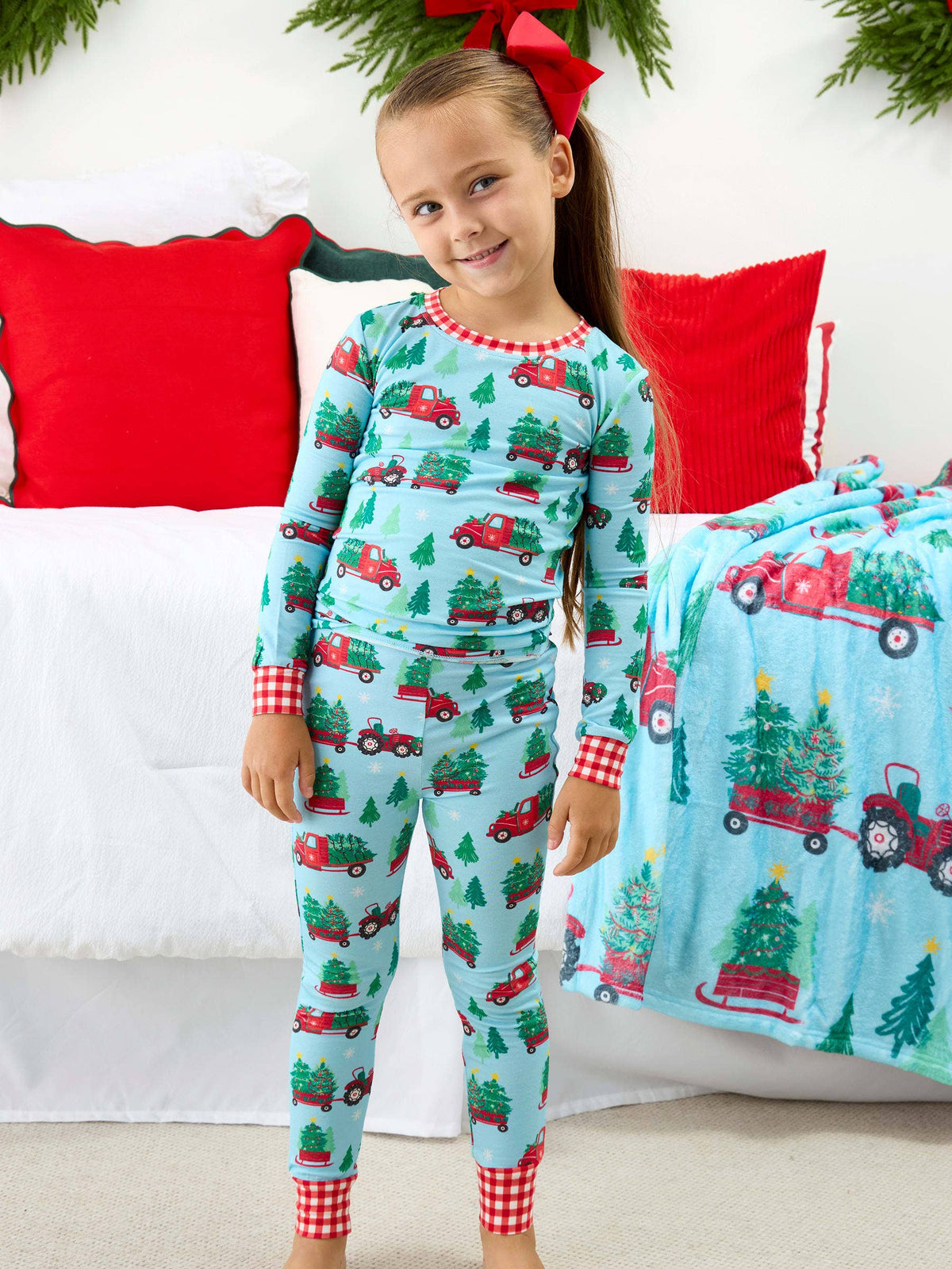 SoftSnooze™ Kids Bamboo Viscose Christmas Tree Farm Trucks Long Sleeve Pajama Set