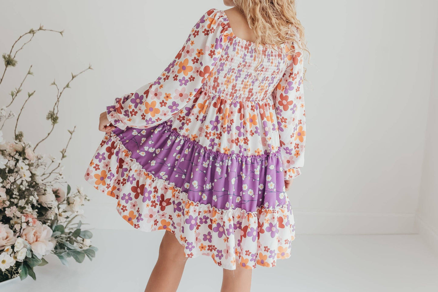 Girls Grace Lavender Flower 3 Tiered Smocked Fall Dress