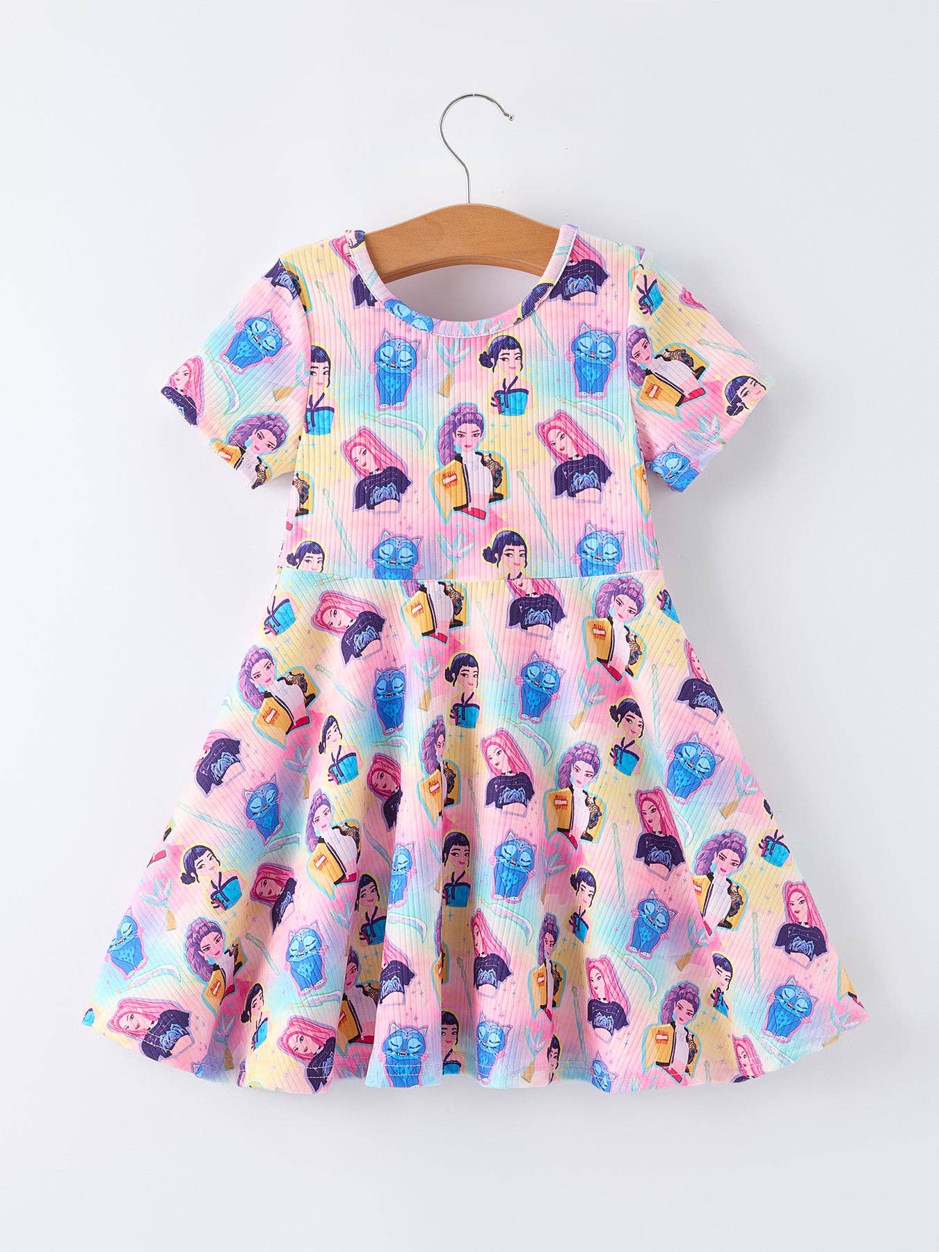 Summer Pop Star Print Girl Twirly Colorful Dress Cotton Blend