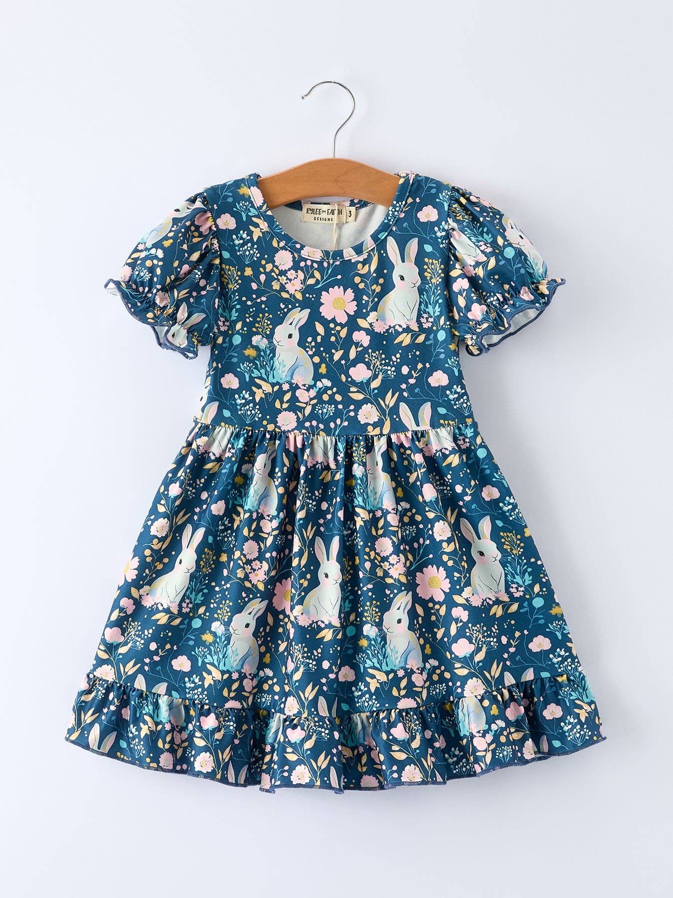 Teal Bunny Garden Ruffle Sleeve Girls Dress