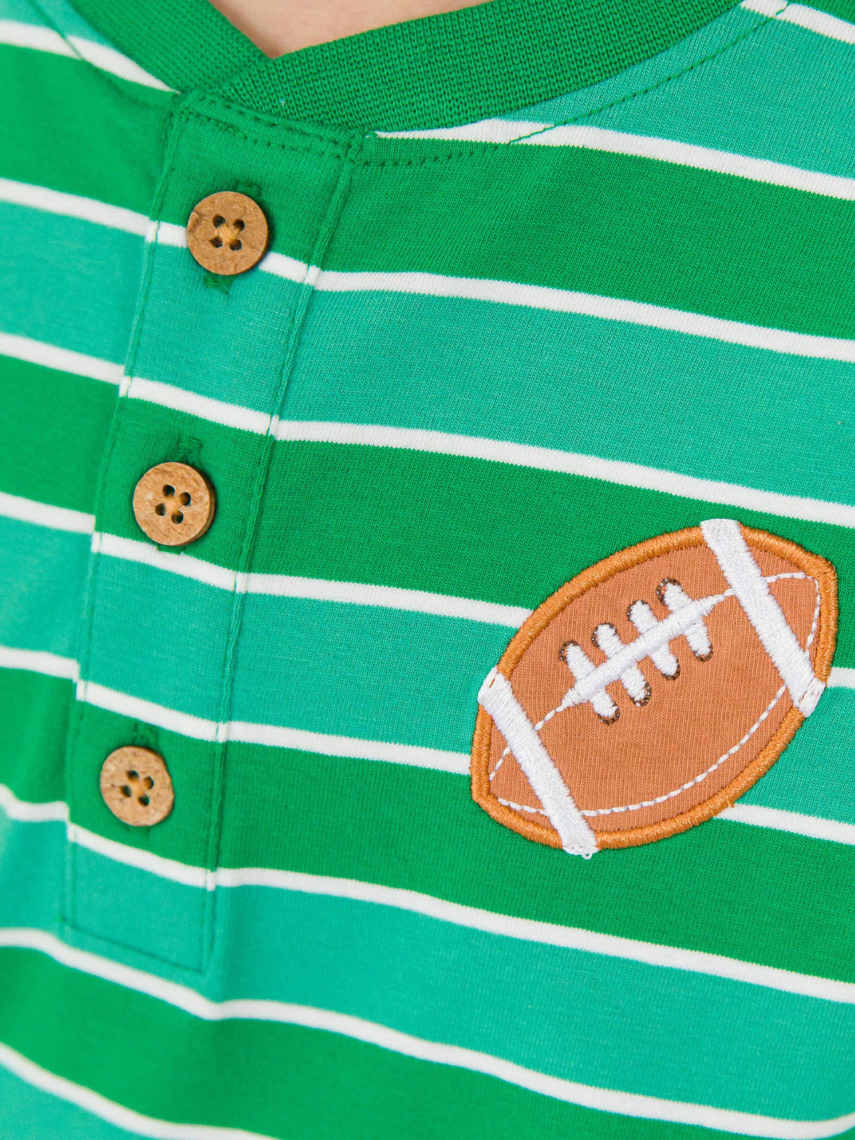 Boys Varsity Football Green Stripe Knit Long Sleeve Embroidered Henley Tee