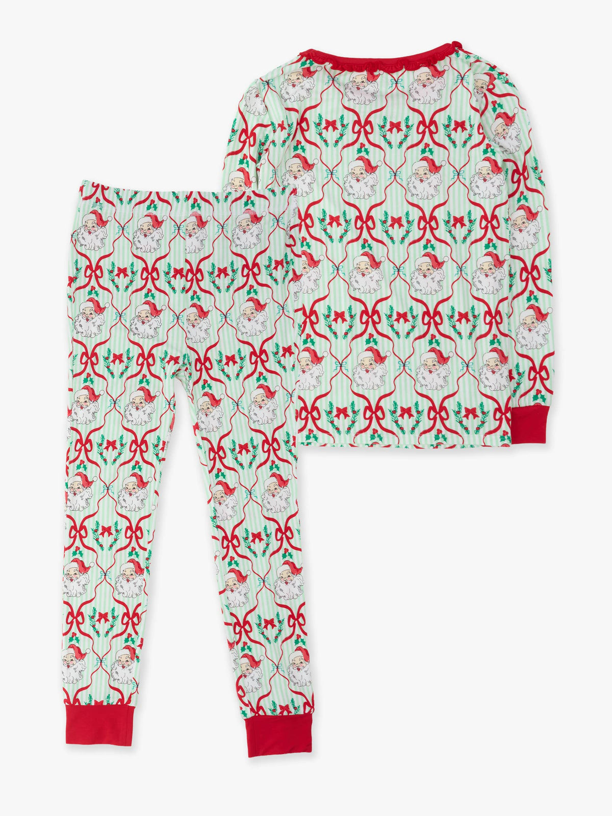 SoftSnooze™ Girls Bamboo Viscose Dear Santa Green Stripe Christmas Ruffle Long Sleeve Pajama Set