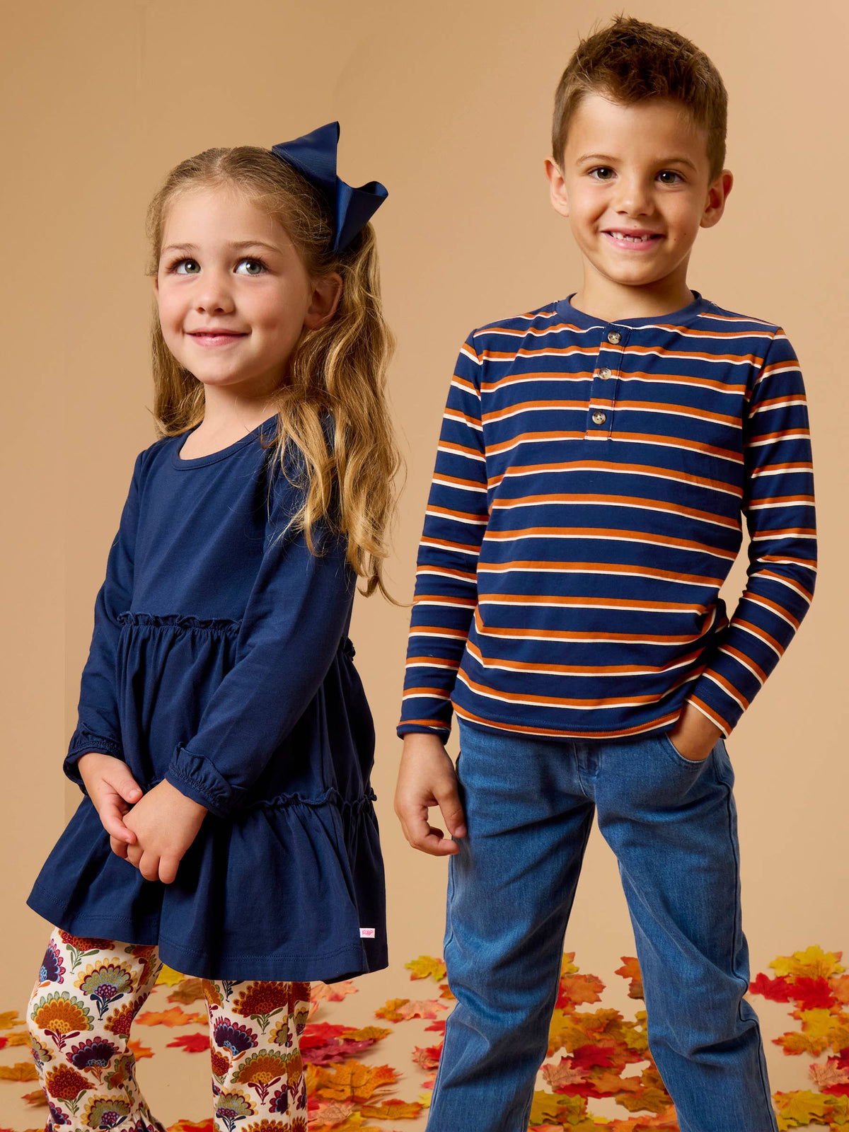 Boys Dark Navy & Rust Stripe Knit Long Sleeve Henley Tee