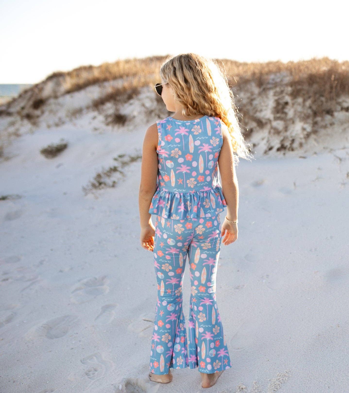 Dusty Blue & Pink Summer Surf Print Flare Pant Set