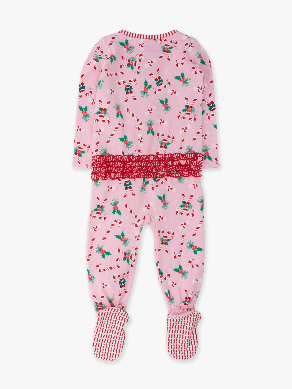 SoftSnooze™ Baby Girls Cotton Modal Holly Candy Canes Christmas Footed Ruffle One Piece Pajama