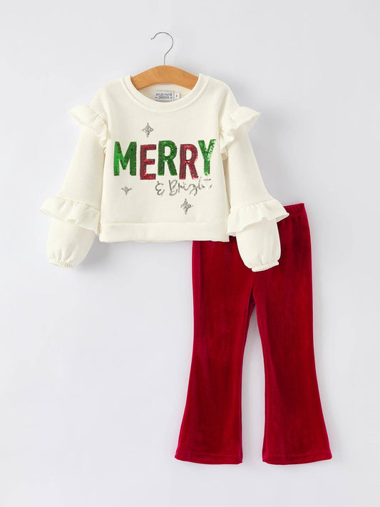 Holiday Party Girls Christmas Outfit Ruffle Top & Velvet Pants