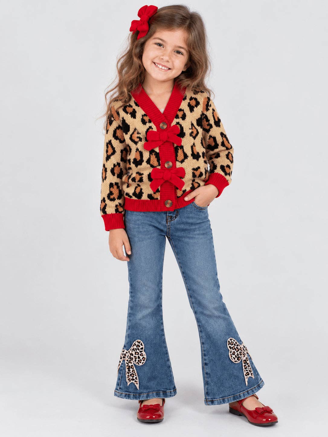 Girls Leopard Print Bow Cardigan Sweater | Red Christmas Cardigan