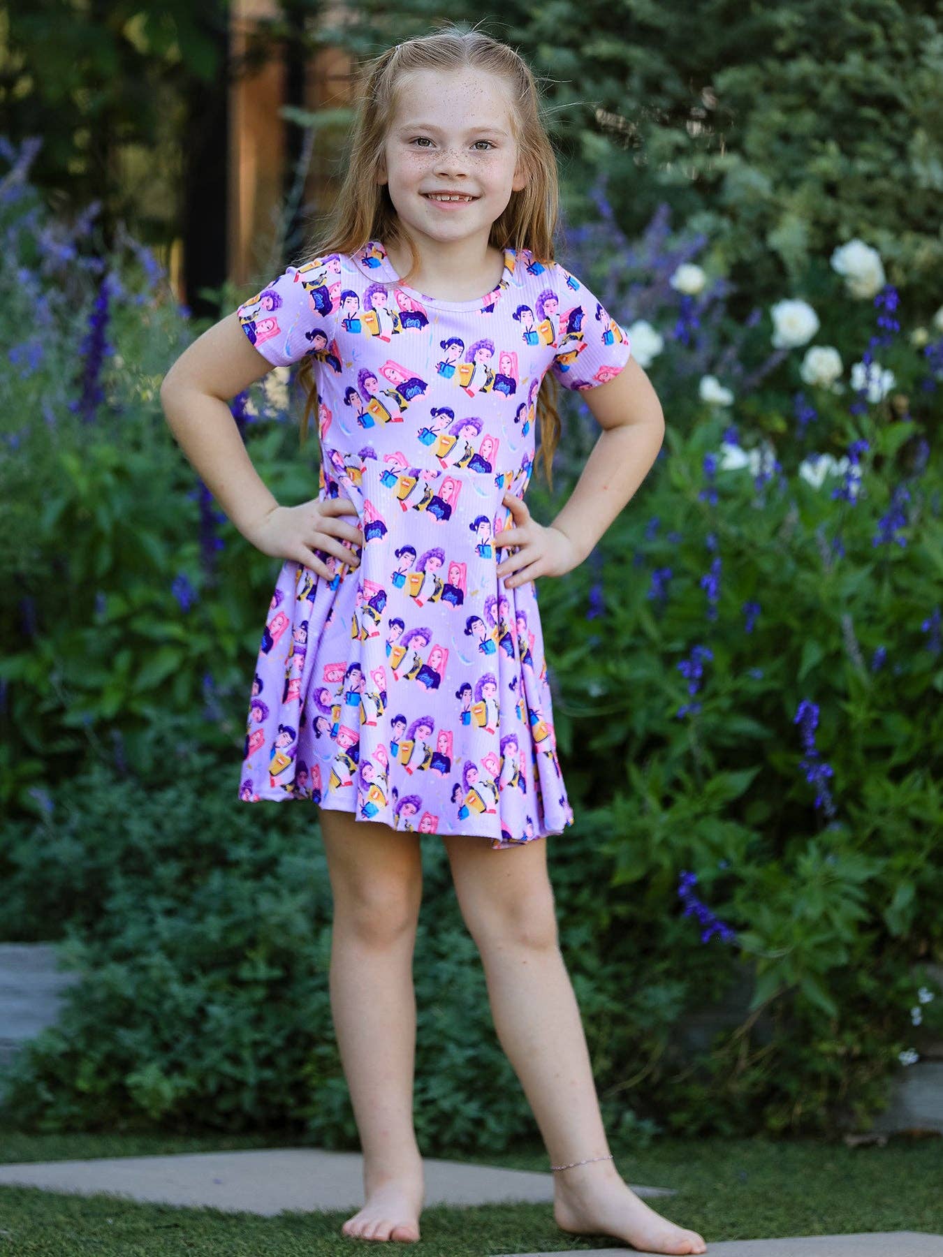 Girls Purple Print Short Sleeve Twirl Dress