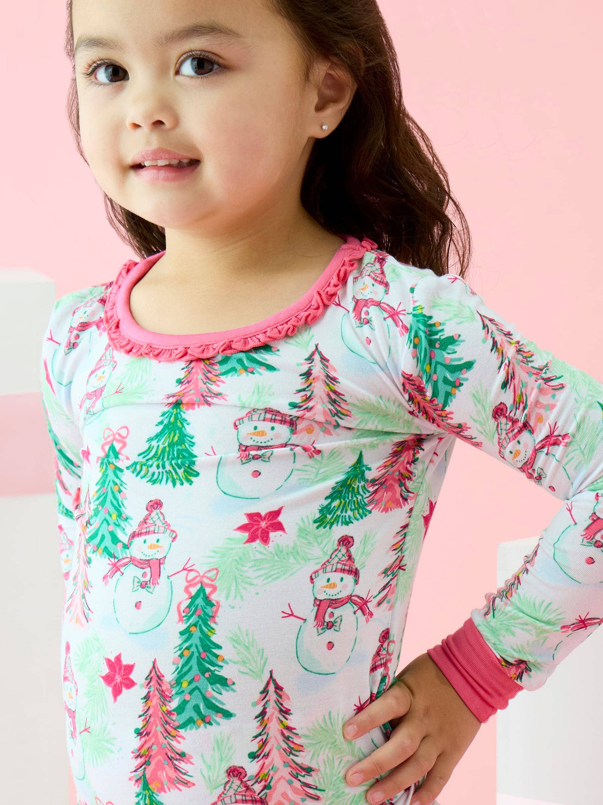 SoftSnooze™ Toddler Girls Bamboo Viscose Pink Snowman Grove Ruffle Long Sleeve Pajama Set with Signature Rear Ruffles