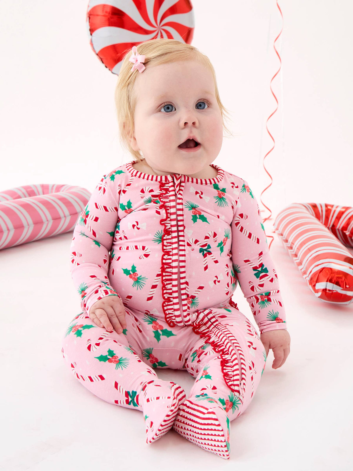 SoftSnooze™ Baby Girls Cotton Modal Holly Candy Canes Christmas Footed Ruffle One Piece Pajama