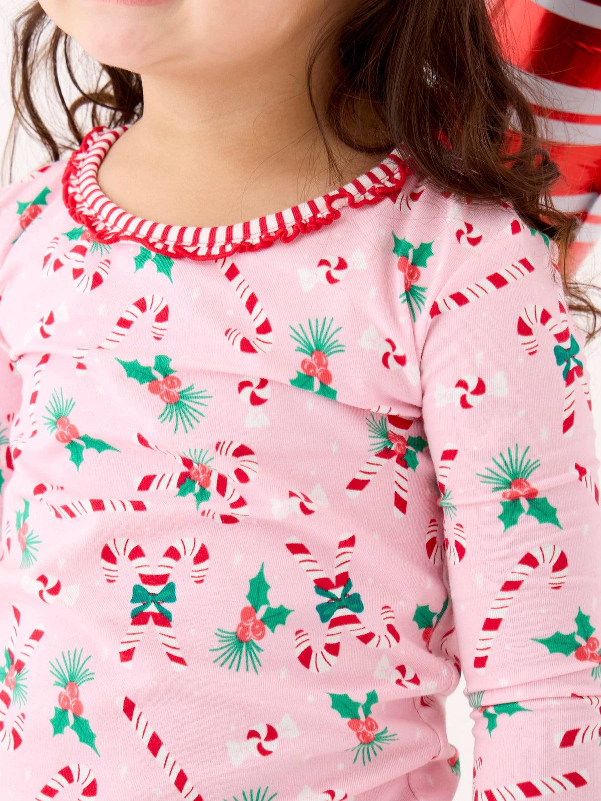 SoftSnooze™ Toddler Girls Cotton Modal Holly Candy Canes Christmas Ruffle Long Sleeve Pajama Set with Signature Rear Ruffles
