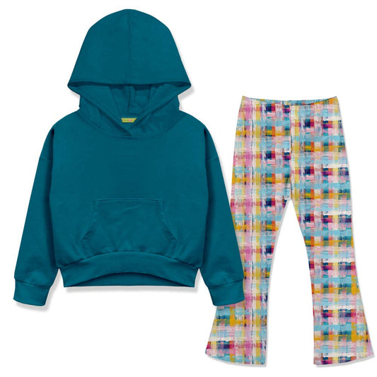 Kids Teal Hoodie & Plaid Flare Leggings