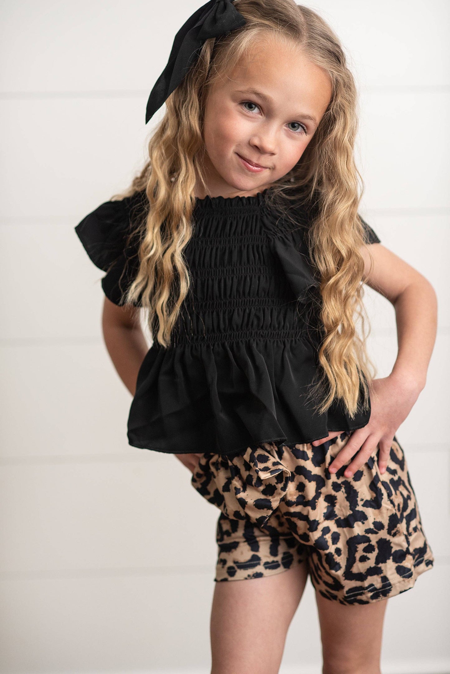 Black Shirred Top & Leopard Print Bow Spring Short Set