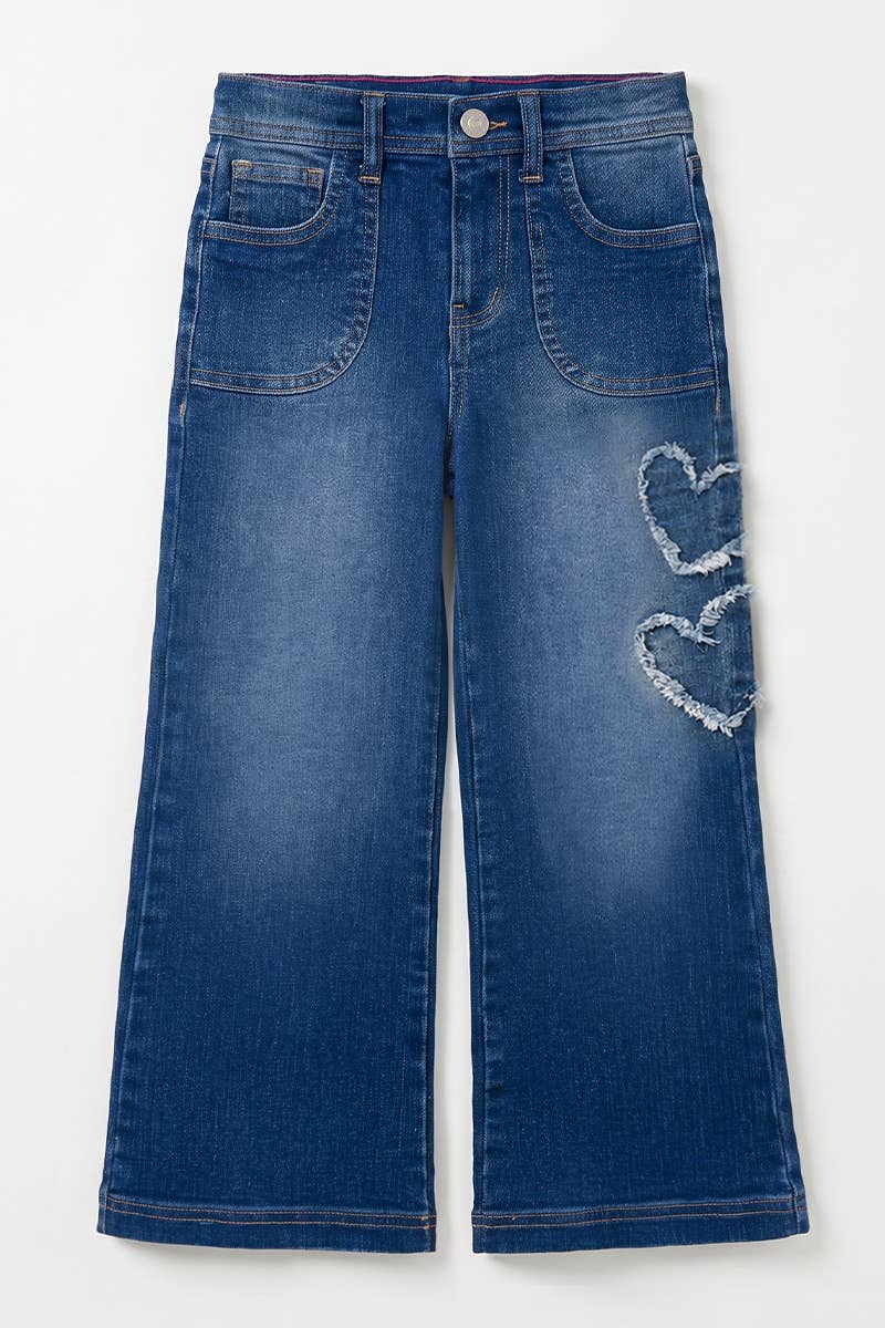 Girl's Wide Leg Denim Jean w/ Heart Appliques