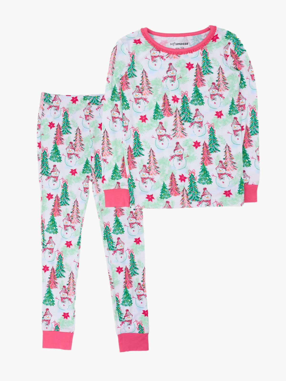 SoftSnooze™ Girls Bamboo Viscose Pink Snowman Grove Ruffle Long Sleeve Pajama Set
