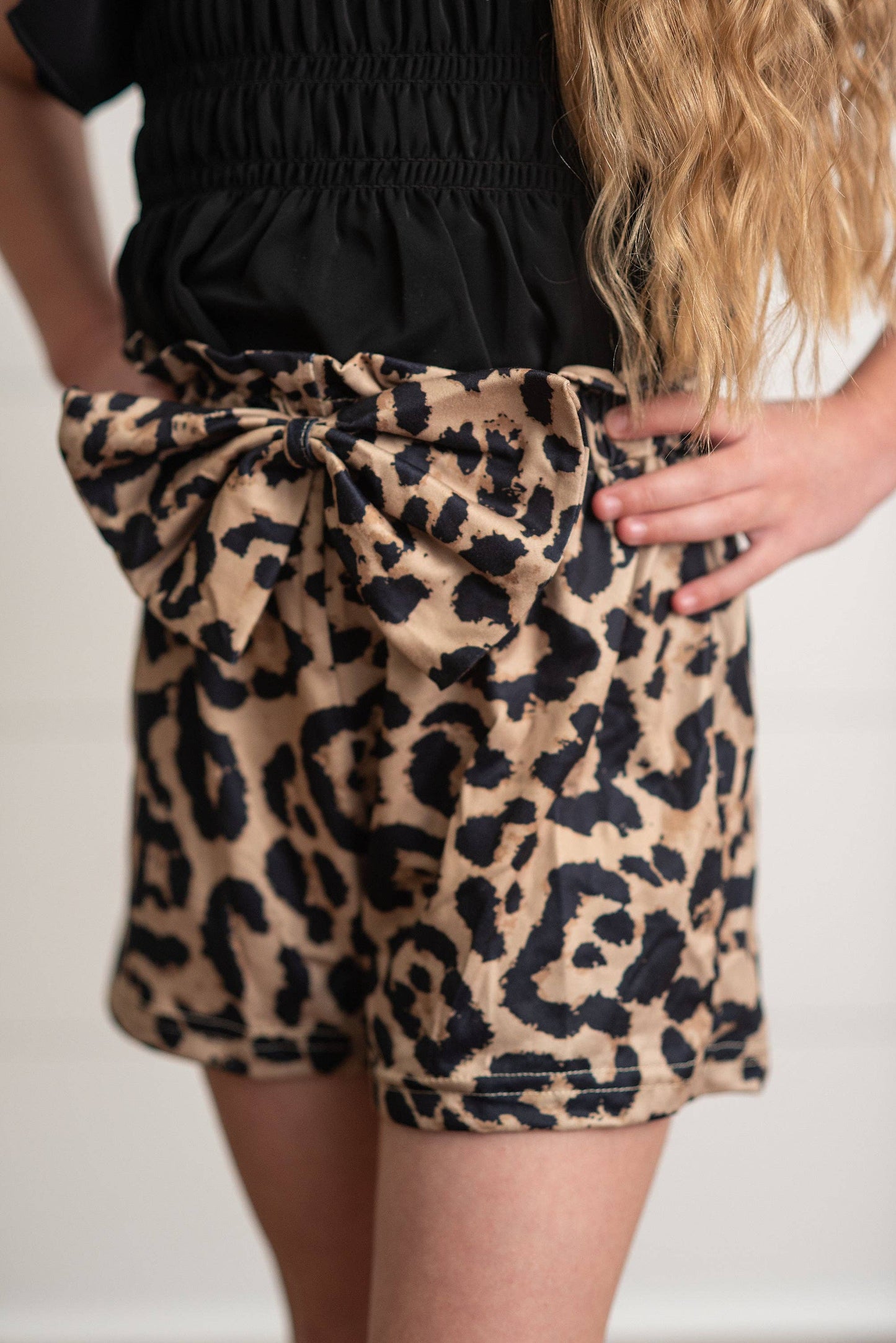 Black Shirred Top & Leopard Print Bow Spring Short Set