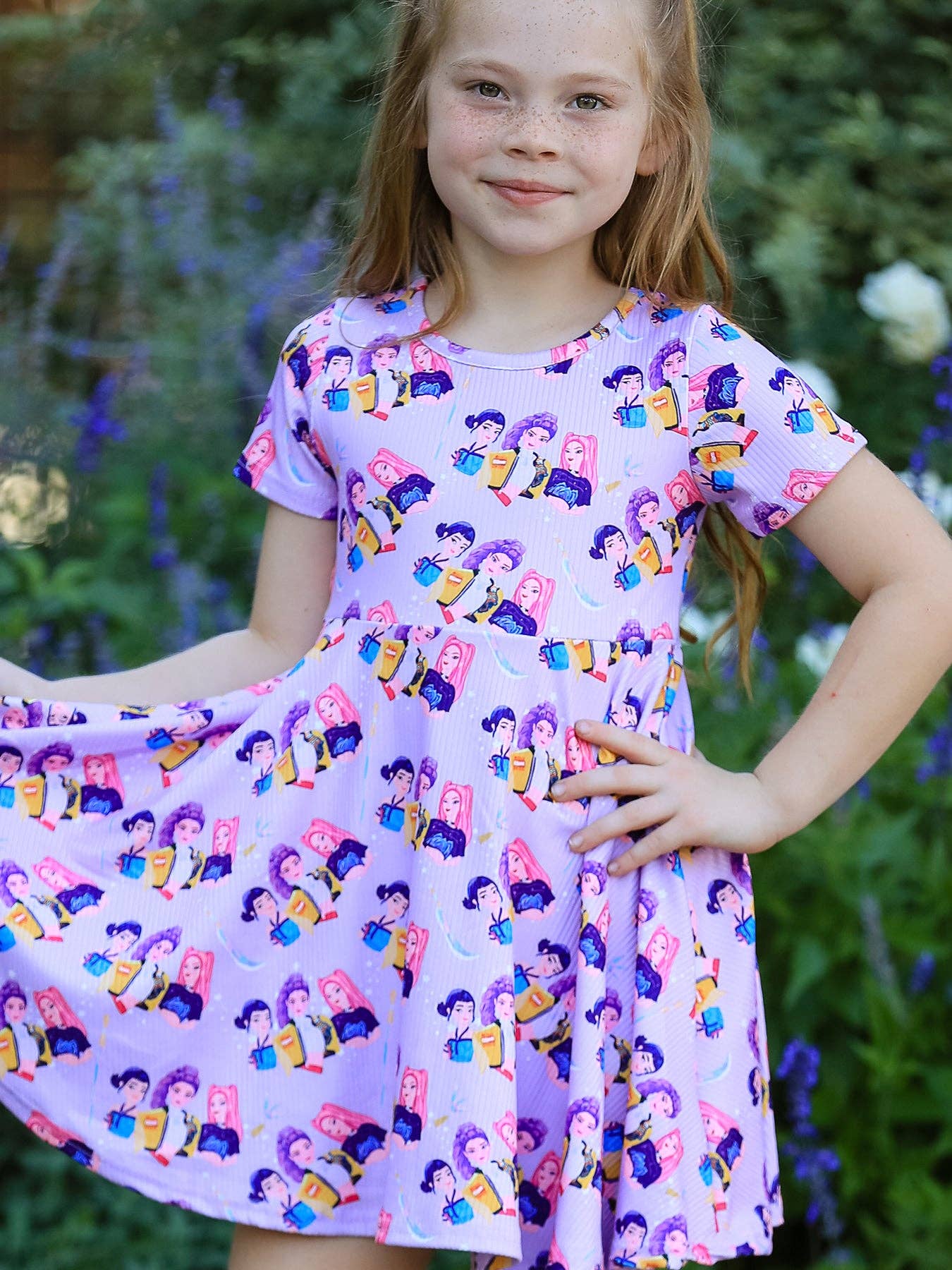 Girls Purple Print Short Sleeve Twirl Dress