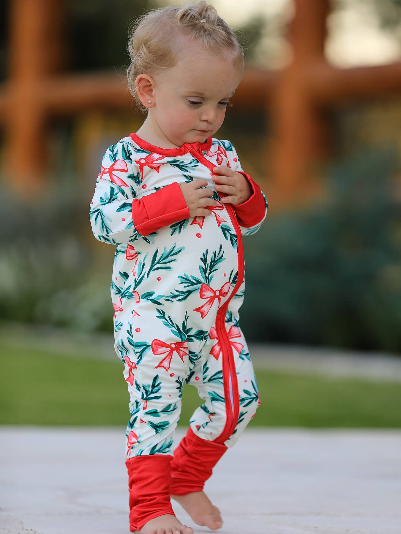 Christmas Bow and Holly Print Pajama Girls Romper