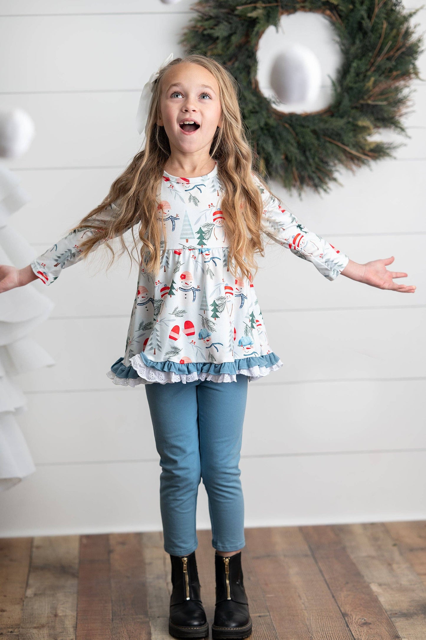 Snowman Lace Ruffle Pocket Winter Holiday Pant Set