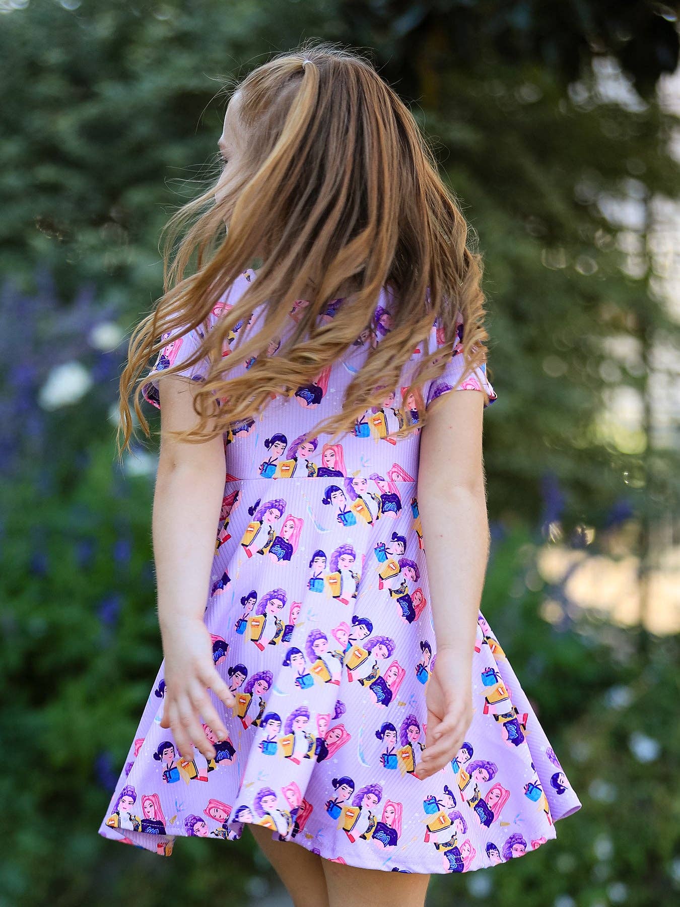 Girls Purple Print Short Sleeve Twirl Dress