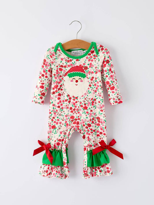 Christmas Santa Applique Baby Girls Floral Long Sleeve Ruffle Romper with Bow Ties