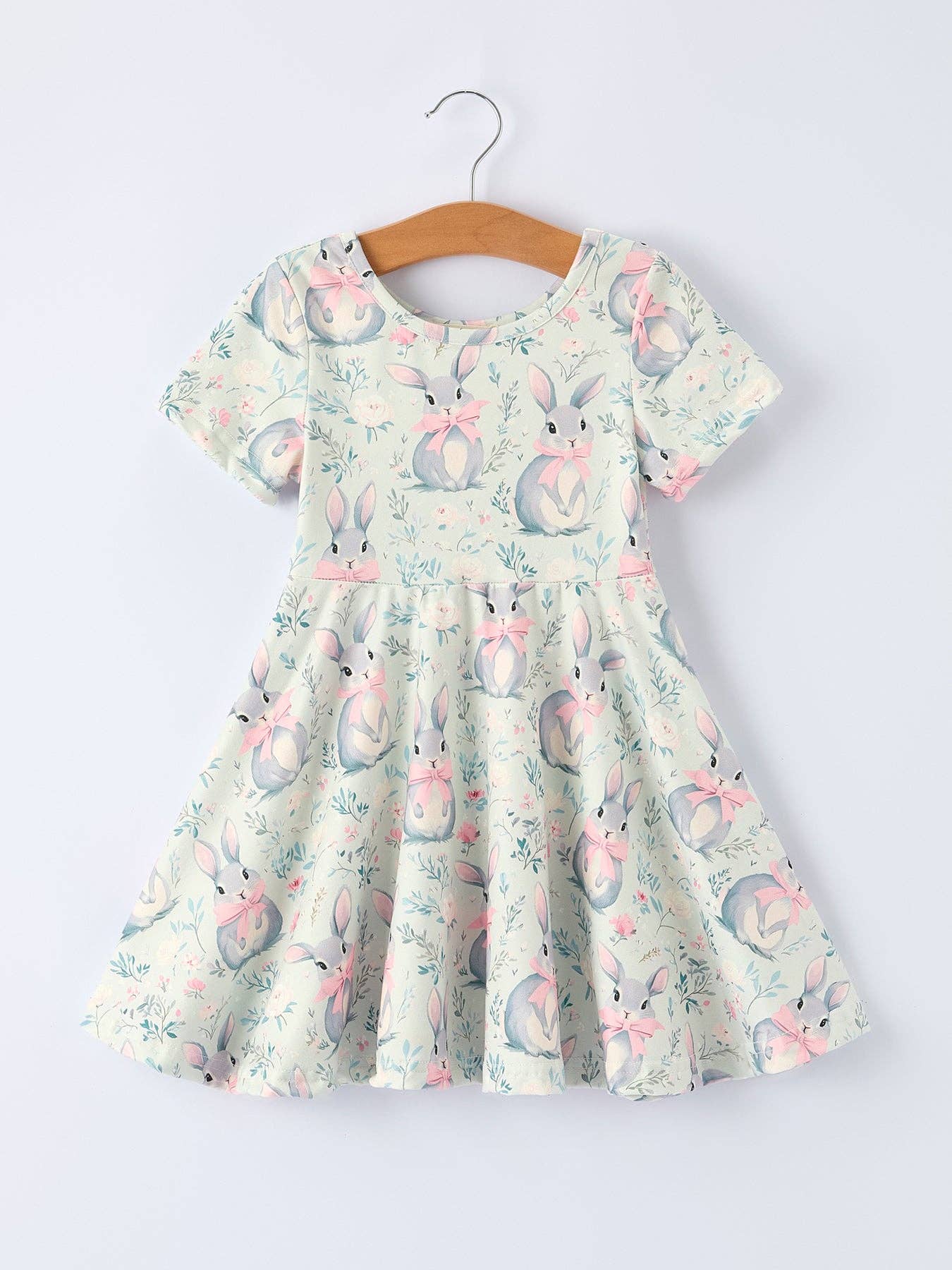 Easter Bunny Bow Print Twirl Short Sleeve Dress