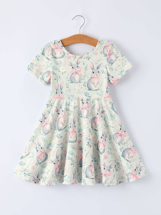Easter Bunny Bow Print Twirl Short Sleeve Dress