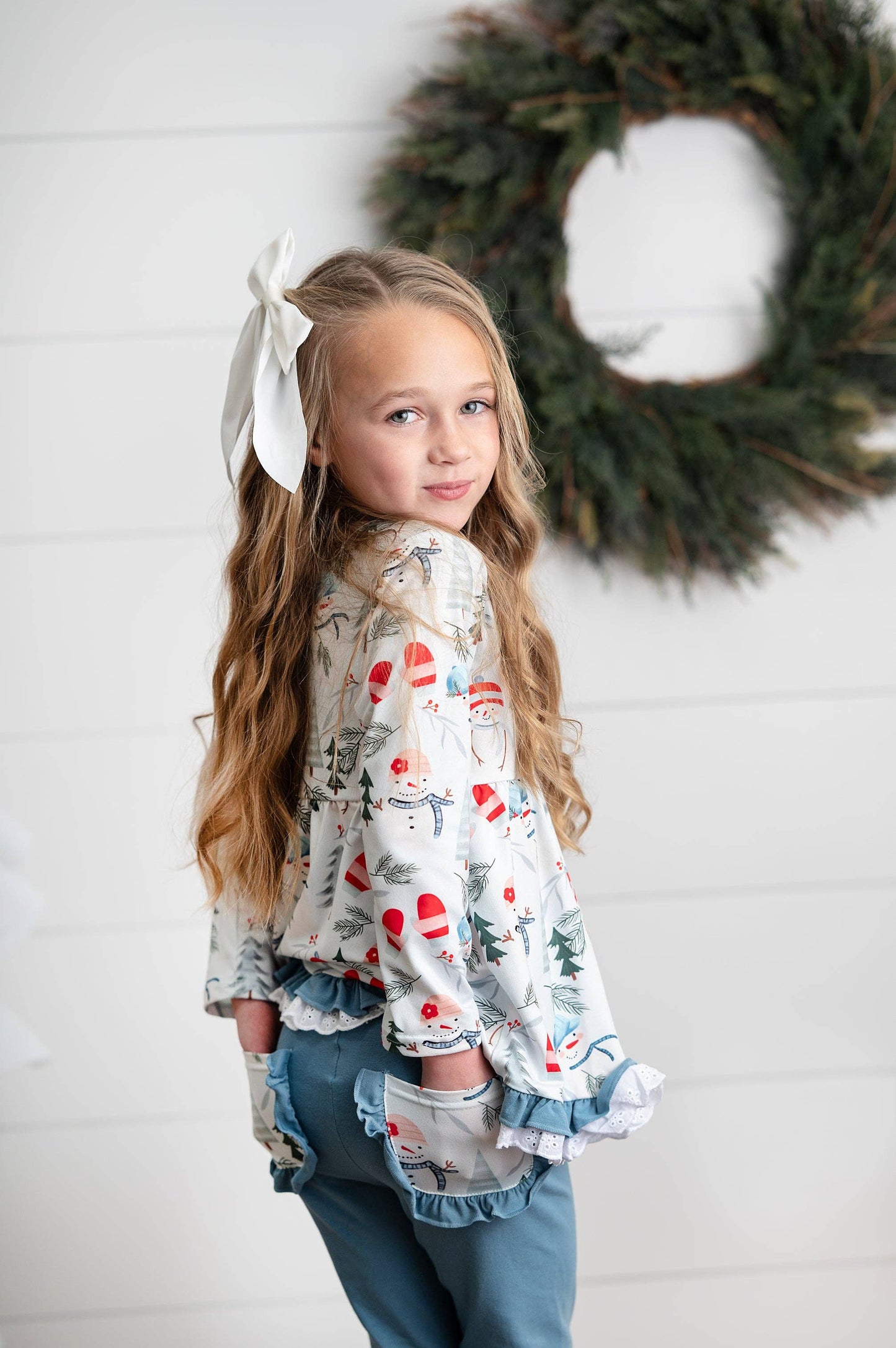 Snowman Lace Ruffle Pocket Winter Holiday Pant Set