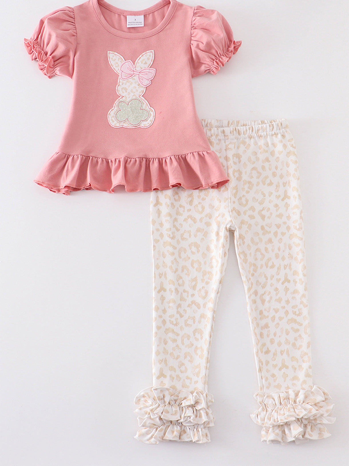 Dusty Pink Rabbit Applique Ruffle Pants Set