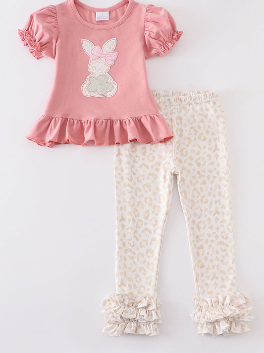 Dusty Pink Rabbit Applique Ruffle Pants Set