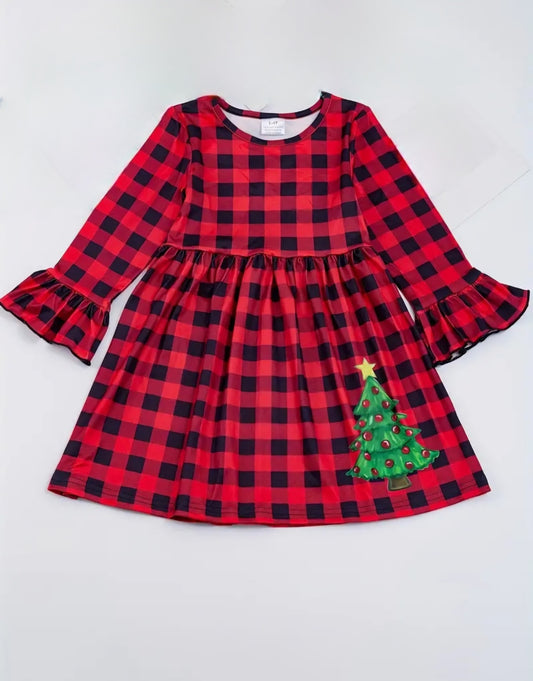 Buffalo Plaid Christmas Tree Twirl Dress