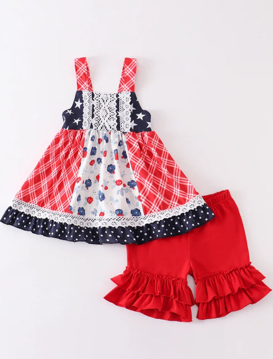 Abby & Evie
Patriotic floral plaid lace girl set