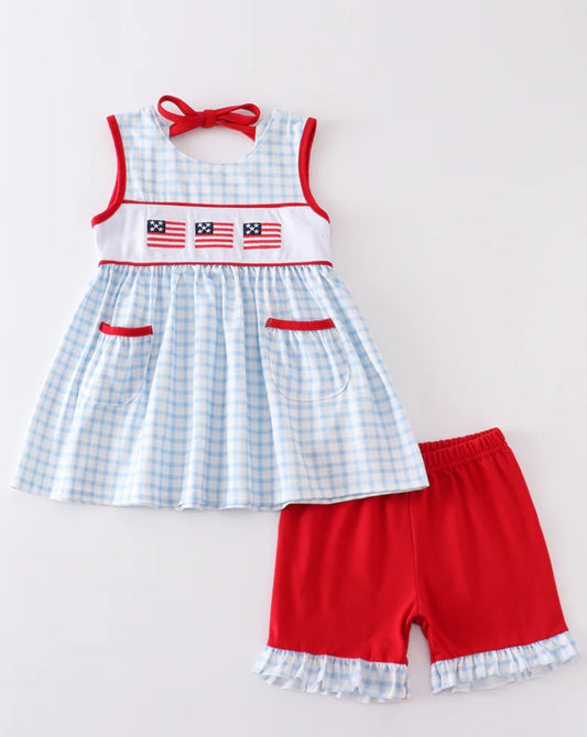 Abby & Evie
Patriotic flag embroidery plaid girl set