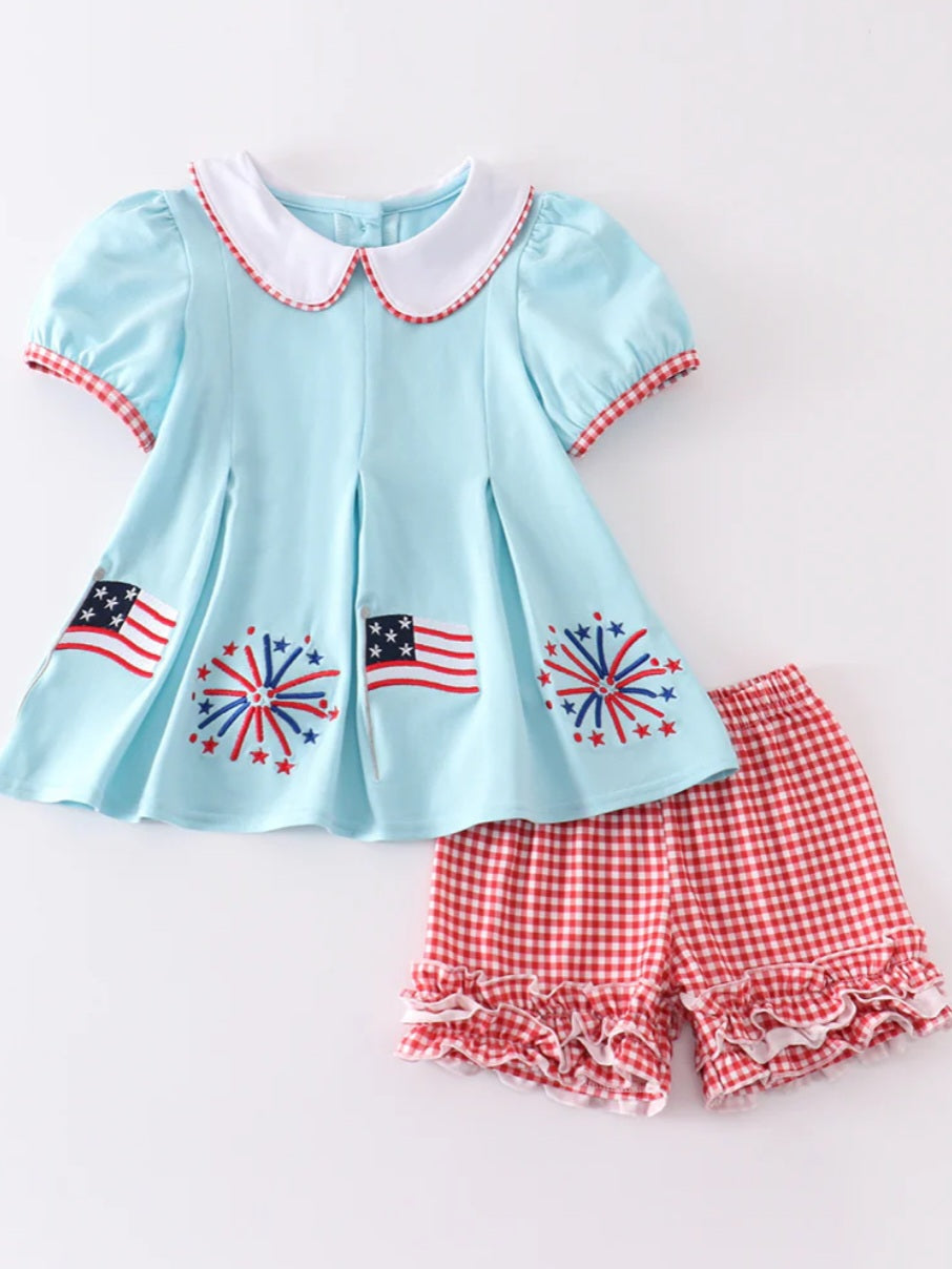 Abby & Evie
Mint patriotic flag embroidery girl set