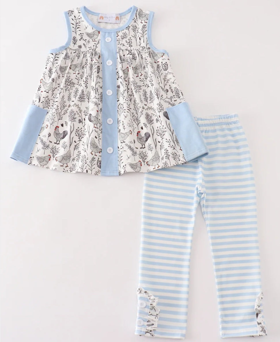 Abby & Evie
Blue stripe chicken print girl set