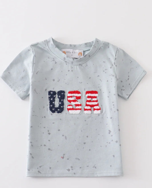 Abby & Evie
Patriotic USA french knot boy top