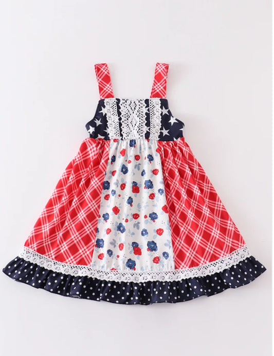 Abby & Evie
Patriotic floral plaid lace girl dress