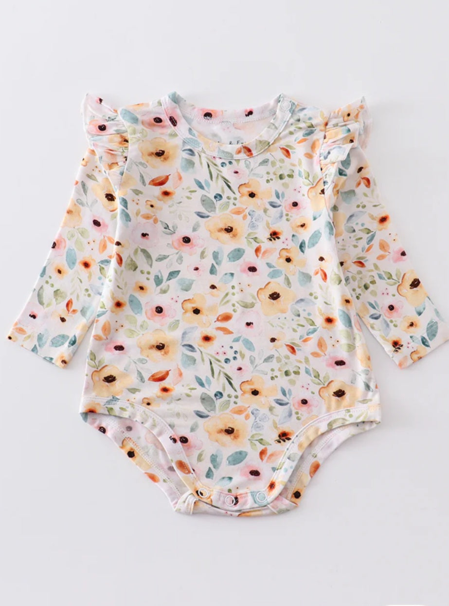 Abie & Evie Mustard floral print bamboo girl bubble