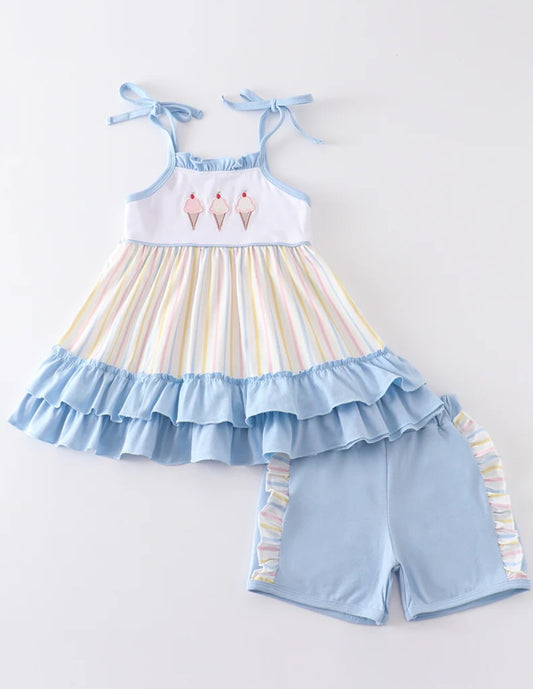 Abby & Evie
Multicolored stripe ice cream applique girl set