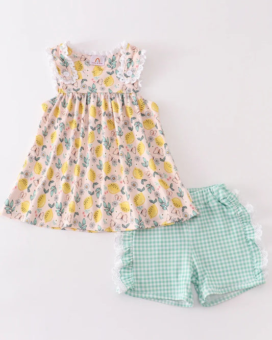 Abby & Evie
Lemon print girl ruffle shorts set