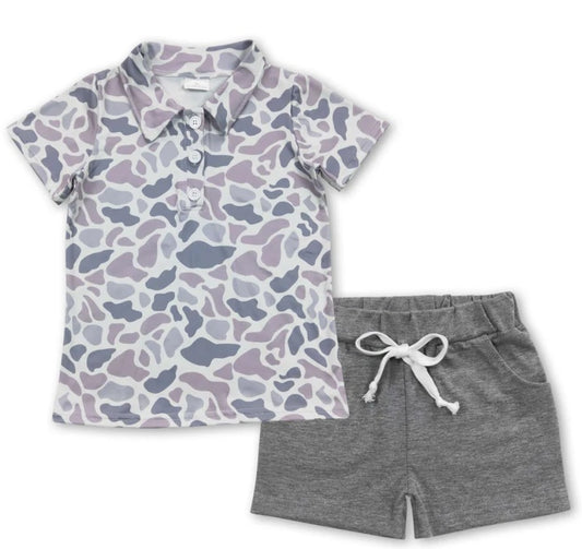 Short sleeves grey camo polo shirt cotton shorts boys clothes
