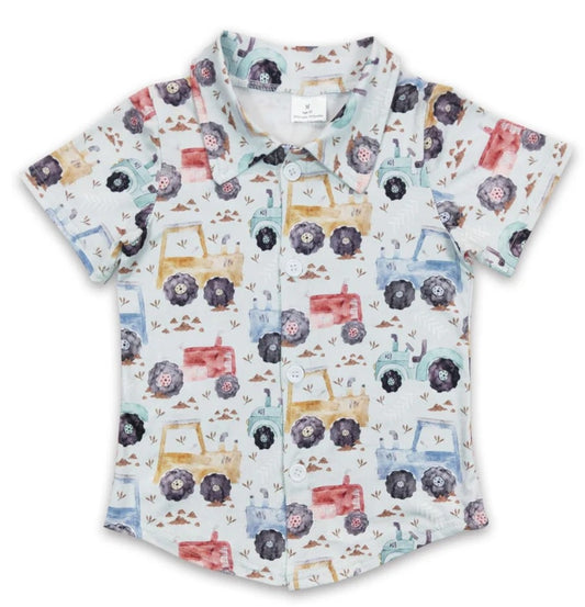 Tractor short sleeves baby boy button up farm shirt