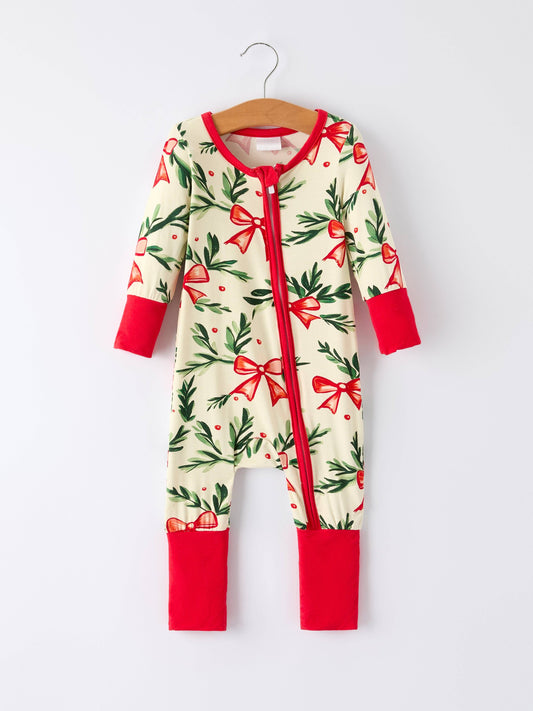 Christmas Bow and Holly Print Pajama Girls Romper