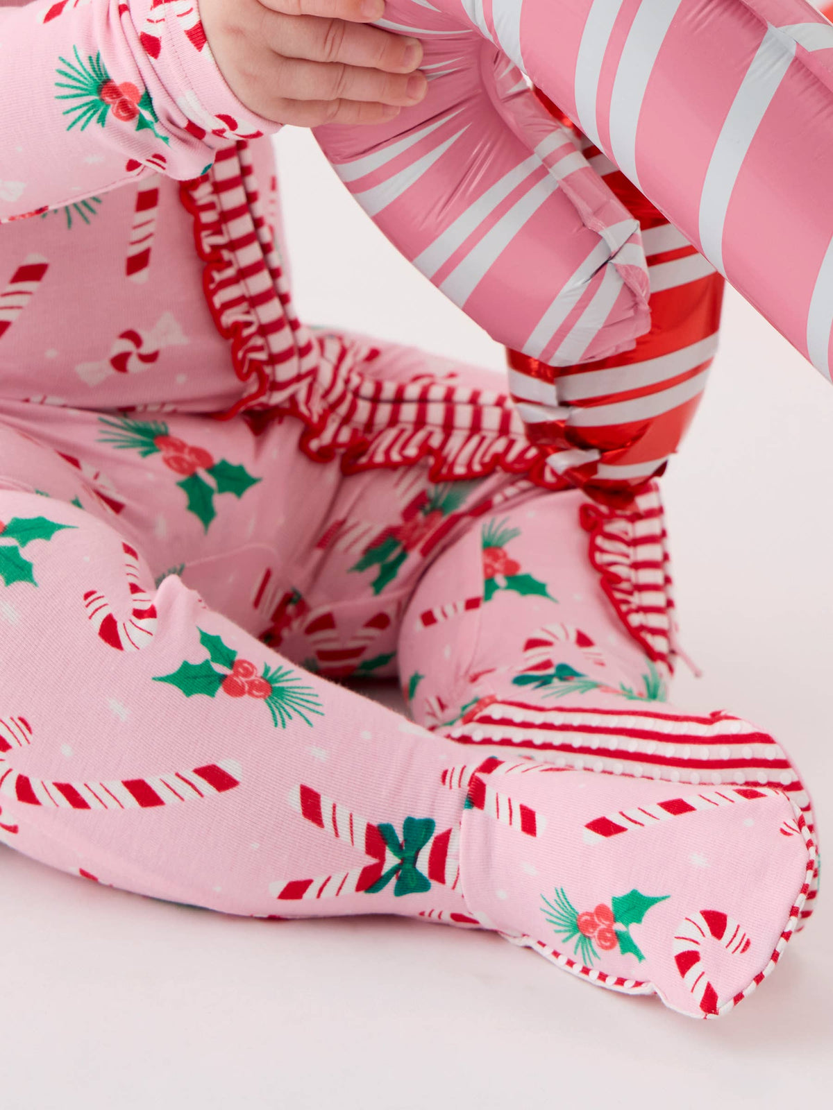 SoftSnooze™ Baby Girls Cotton Modal Holly Candy Canes Christmas Footed Ruffle One Piece Pajama