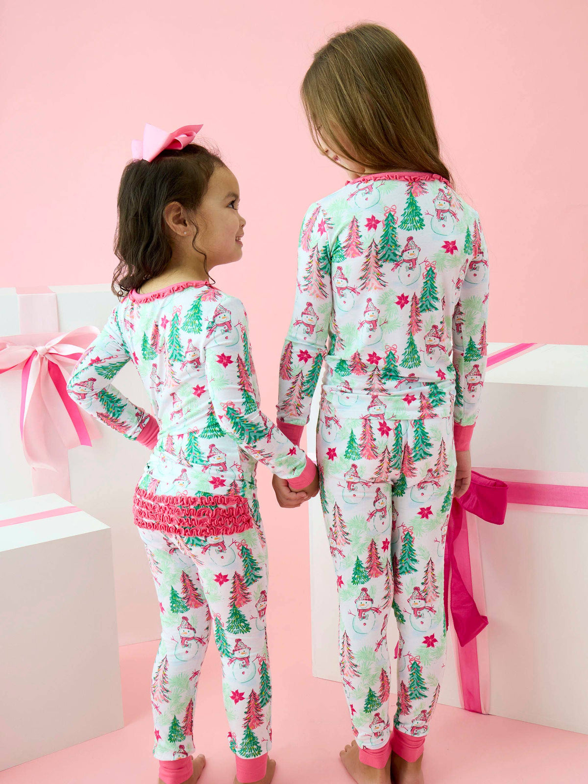 SoftSnooze™ Toddler Girls Bamboo Viscose Pink Snowman Grove Ruffle Long Sleeve Pajama Set with Signature Rear Ruffles