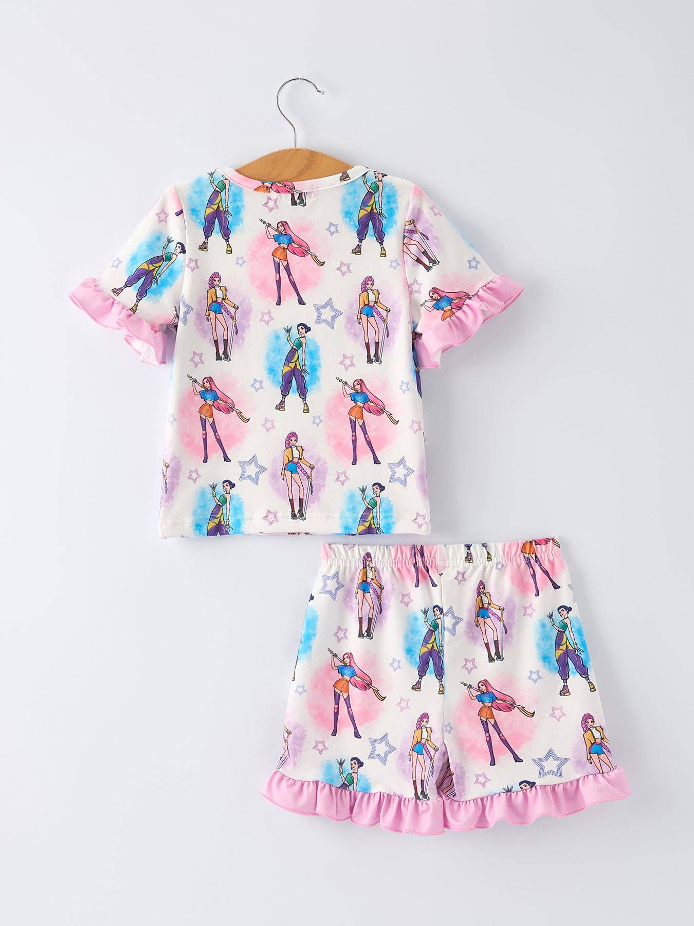 White Girl Print Top And Ruffle Shorts Set