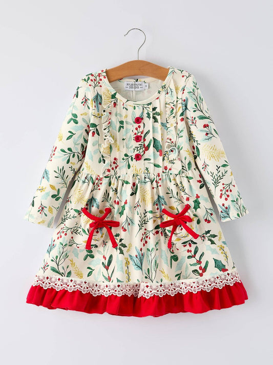 Christmas Dress – Holiday Floral Print Outfit with Pockets